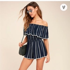 Lulu’s See Ya There Navy Blue Print Off-the-Shoulder Romper